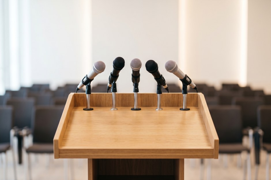 Pupitre de conférence de presse avec micros